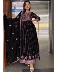 Rerdy To Wear Black Fuxa Georgette Embroidery Work Anarkali Gown With Dupatta