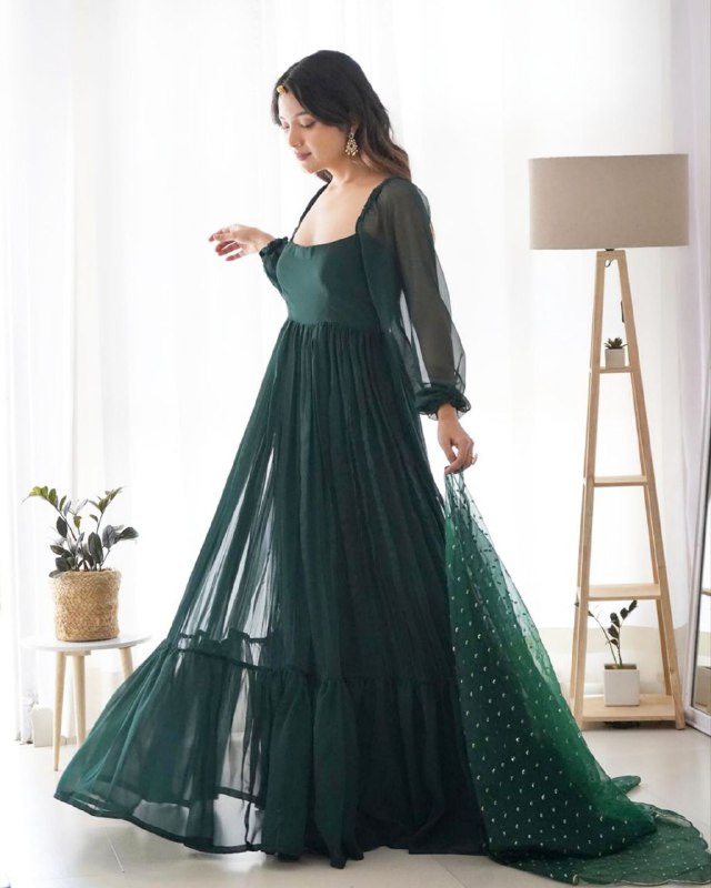 Rerdy To Wear Bottle Green Georgette Embroidery Work Anarkali Gown With Dupatta
