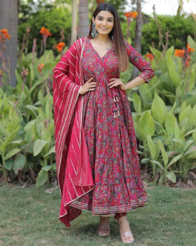 Gorgeou Berry Muslin Silk Digit Print Anarkali Suit With Dupatta