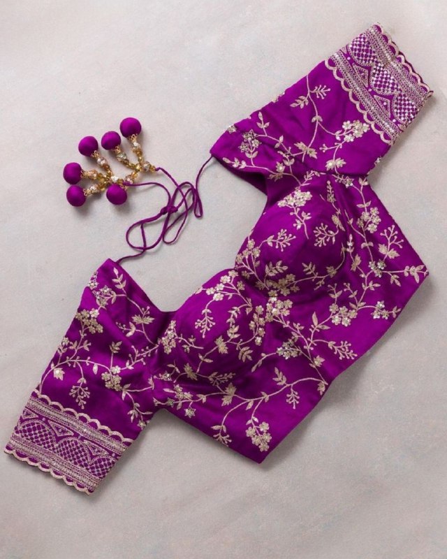 Gorgeou Purple Jaquard Cotton Silk Embroidery Work Saree With Blouse