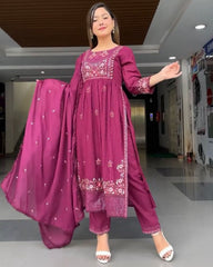 Rerdy To Wear Berry Faux Georgette Embroidery Work Nayra Suit With Dupatta