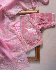 Gorgeou Baby Pink Organza Silk Embroidery Work  Saree With Blouse