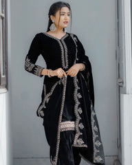 Gorgeou Black Viscose Velvet Embroidery Work Punjabi Suit With Dupatta
