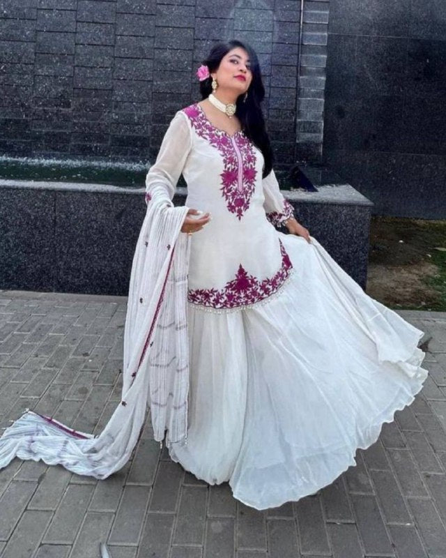Rerdy To Wear White Faux Georgette Embroidery Work Sharara Suit With Dupatta