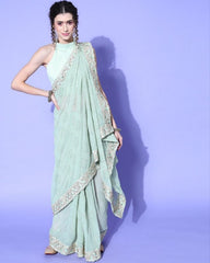 Gorgeou Sea Green Georgette Embroidery Work Saree With Blouse