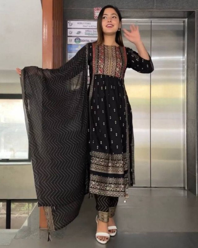 Rerdy To Wear Black Faux Georgette Embroidery Work Nayra Cuy Suit With Dupatta