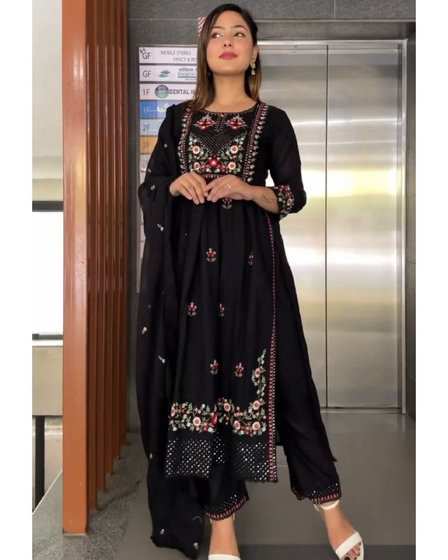 Rerdy To Wear Black Faux Georgette Embroidery Work Nayra Suit With Dupatta
