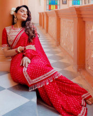 Gorgeou Red Heavy Georgette Embroidery Work Saree With Blouse