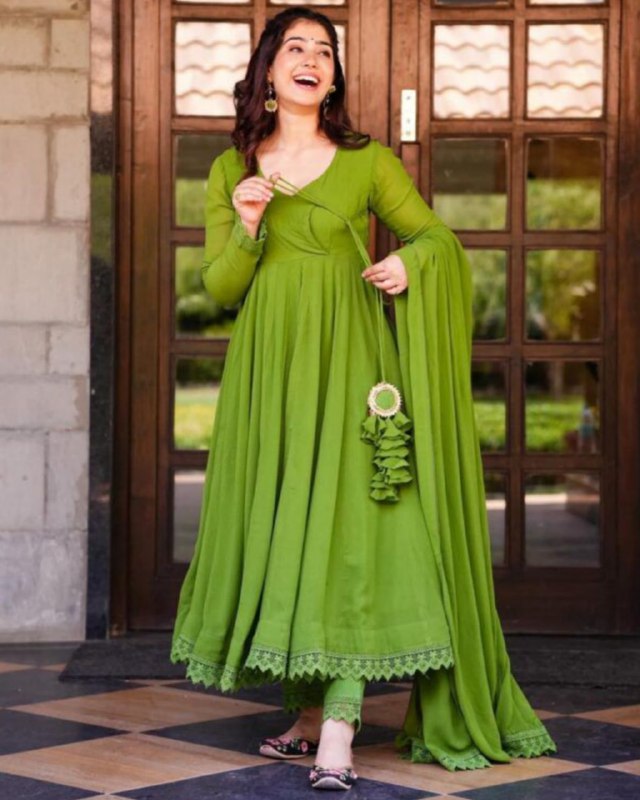 Rerdy To Wear Parrot Green Faux Georgette Gpo Lace Work Anarkali Suit With Dupatta
