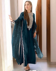 Rerdy To Wear Mor Pinch Faux Georgette Embroidery Work Pent Suit With Dupatta