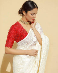 Gorgeou Georgette Sequance Work Red Saree With White Blouse