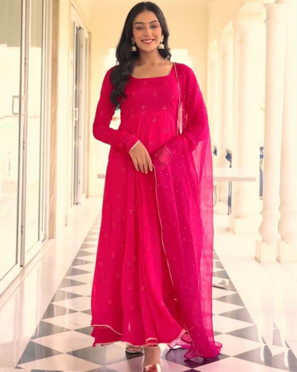 Ready To Wear Hot Pink Faux Georgette Sequence Work Anarkali Suit With Dupatta