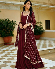 Ready To Wear Maroon Faux Georgette Sequence Work Anarkai Gown With Dupatta