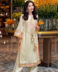 Ready To Wear CREAM Faux Georgette Mirror Hand Work PAKISTANI SUIT With Dupatta