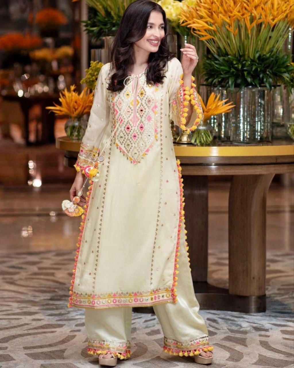 Ready To Wear CREAM Faux Georgette Mirror Hand Work PAKISTANI SUIT With Dupatta