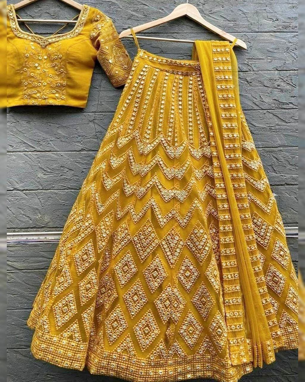 Gorgeous Yellow Faux Georgette Multi Needle Work Lehenga Choli With Dupatta