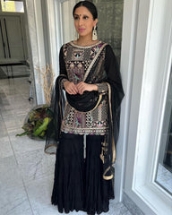 Gorgeous Black Faux Georgette Mirror Hand Work Sharara Suit With Dupatta