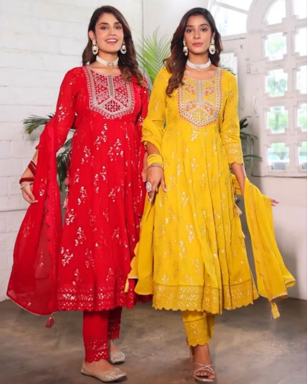 Ready To Wear Yellow And Red Faux Georgette Embrodary Work Anaraki Suit With Dupatta