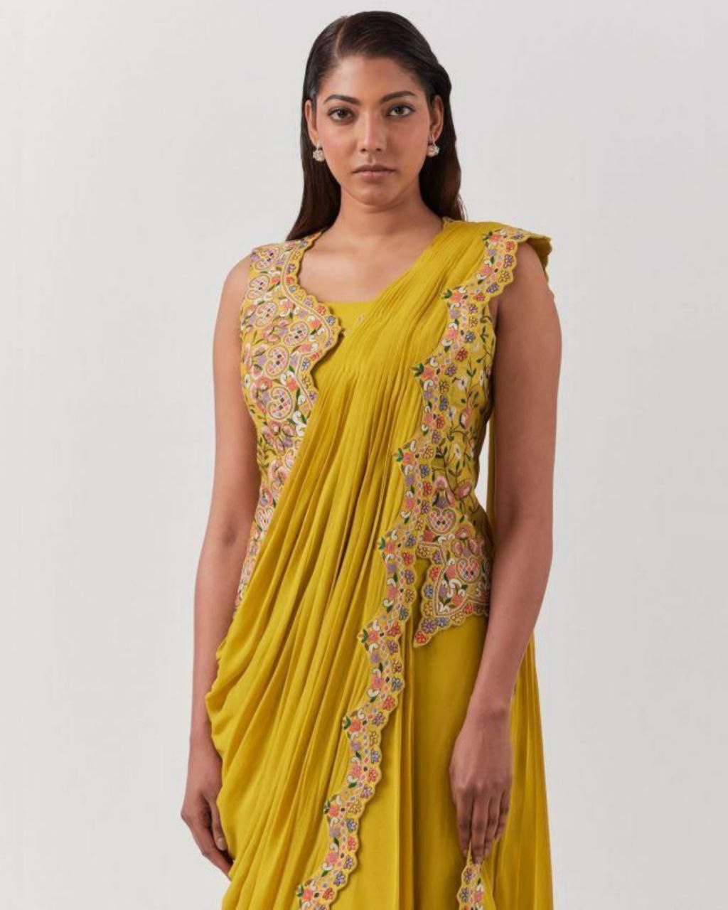 Gorgeous Yellow Georgette Embroidery Cording Work Saree With Blouse