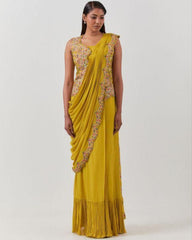 Gorgeous Yellow Georgette Embroidery Cording Work Saree With Blouse