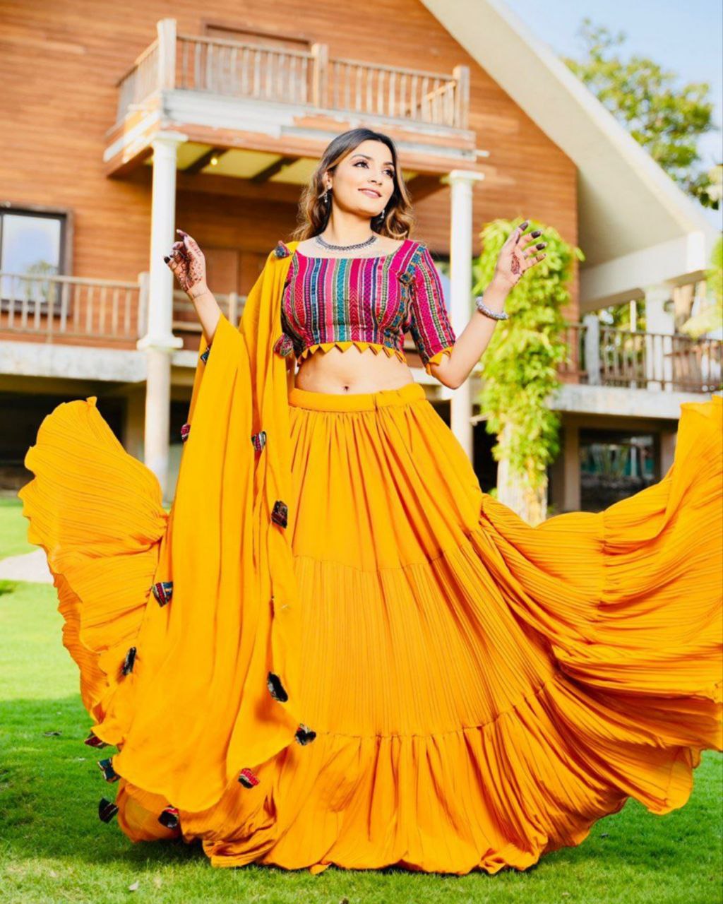 Gorgeous Mustard Faux Georgette Sequence Work Lehenga Choli With Dupatta