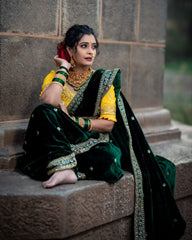 Gorgeous Bottel Green 9000 Velvet Sequence Work Saree With Blouse