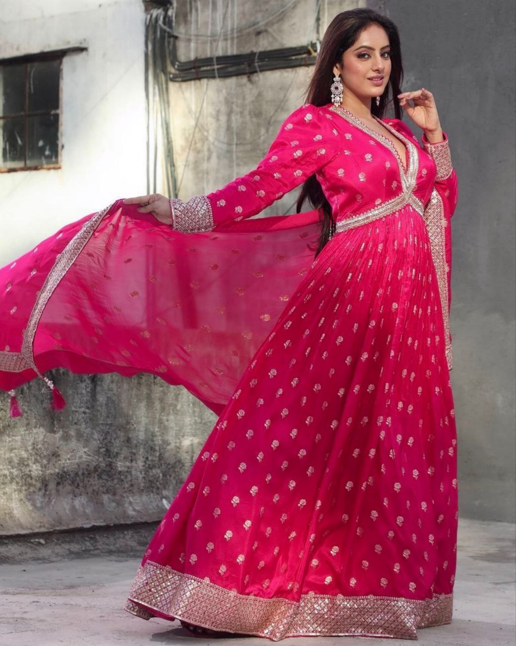 Ready To Wear Hot Pink Faux Georgette Sequence Work Gown With Dupatta