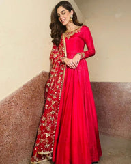 Ready To Wear Hot Red Tafeta Silk Sequence Length 52 Anarkali Gown With Dupatta