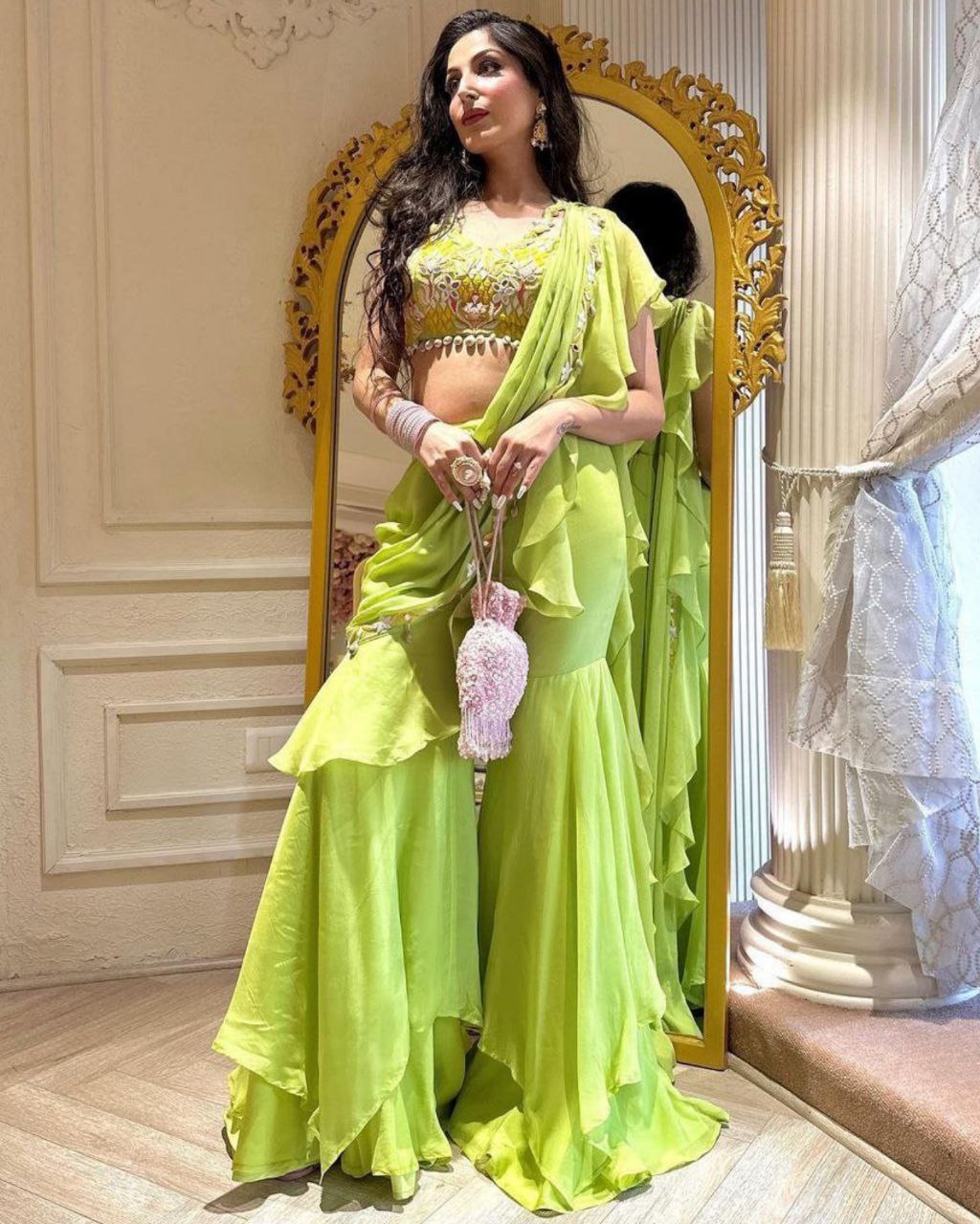 Gorgeous Pasta Green Pure Georgette Cording Work Saree With Blouse