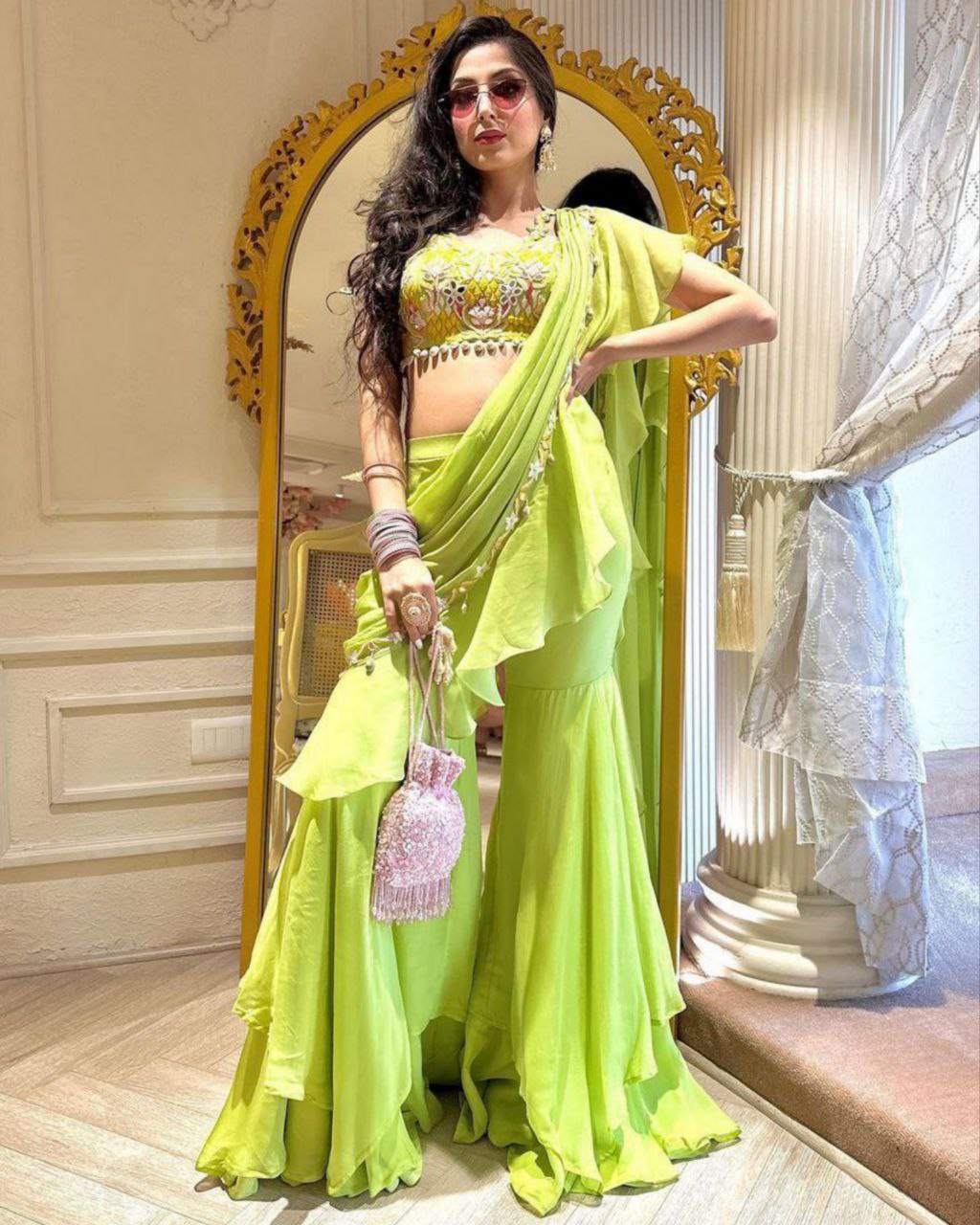 Gorgeous Pasta Green Pure Georgette Cording Work Saree With Blouse