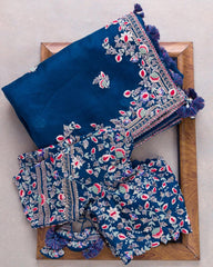 Gorgeous Blue Rangoli Silk Embroidery Thread Saree With Blouse
