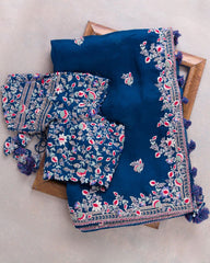 Gorgeous Blue Rangoli Silk Embroidery Thread Saree With Blouse