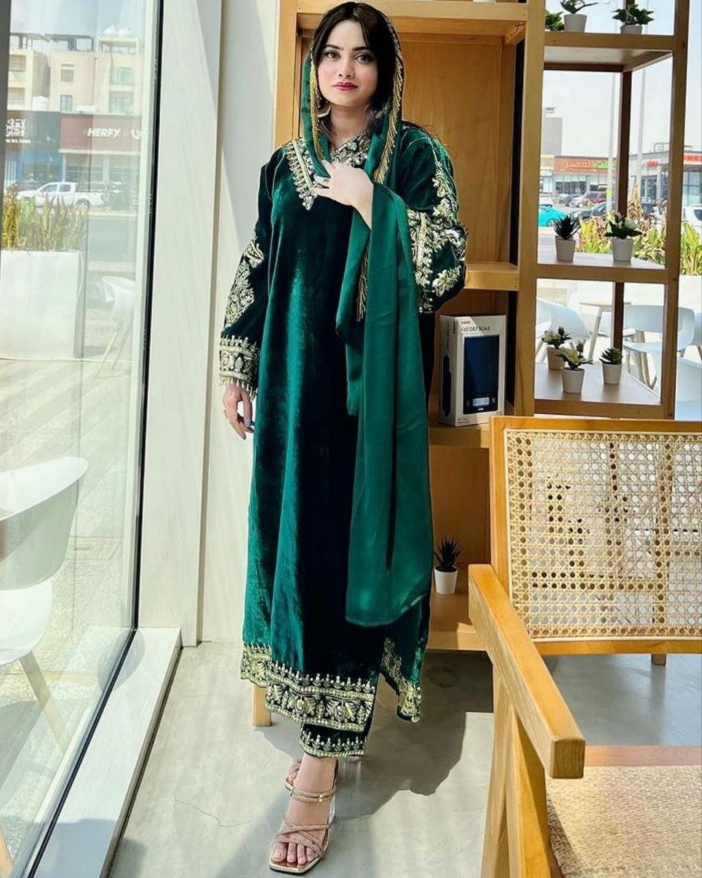 Gorgeou Blue Velvet Embroidery Work Pakistani Suit With Dupatta