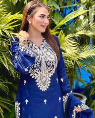 Ready To Wear Blue Faux Georgette Embroidery Work Pakistani Suit With Dupatta