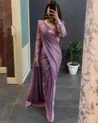 Gorgeous Lavender Chinon Silk Sequins Work Saree With Blouse
