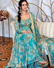 Ready To Wear Sky Faux Georgette Lace Work Gown With Dupatta