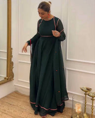 Ready To Wear Dark Green Faux Georgette Mirror Work Anarkali Suit With Dupatta