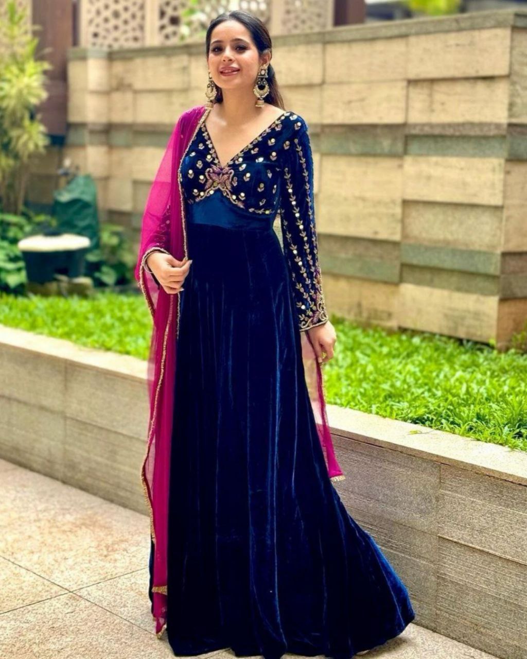 Ready To Wear Blue Malmal Velvet Cording Embroidery Gown With Dupatta