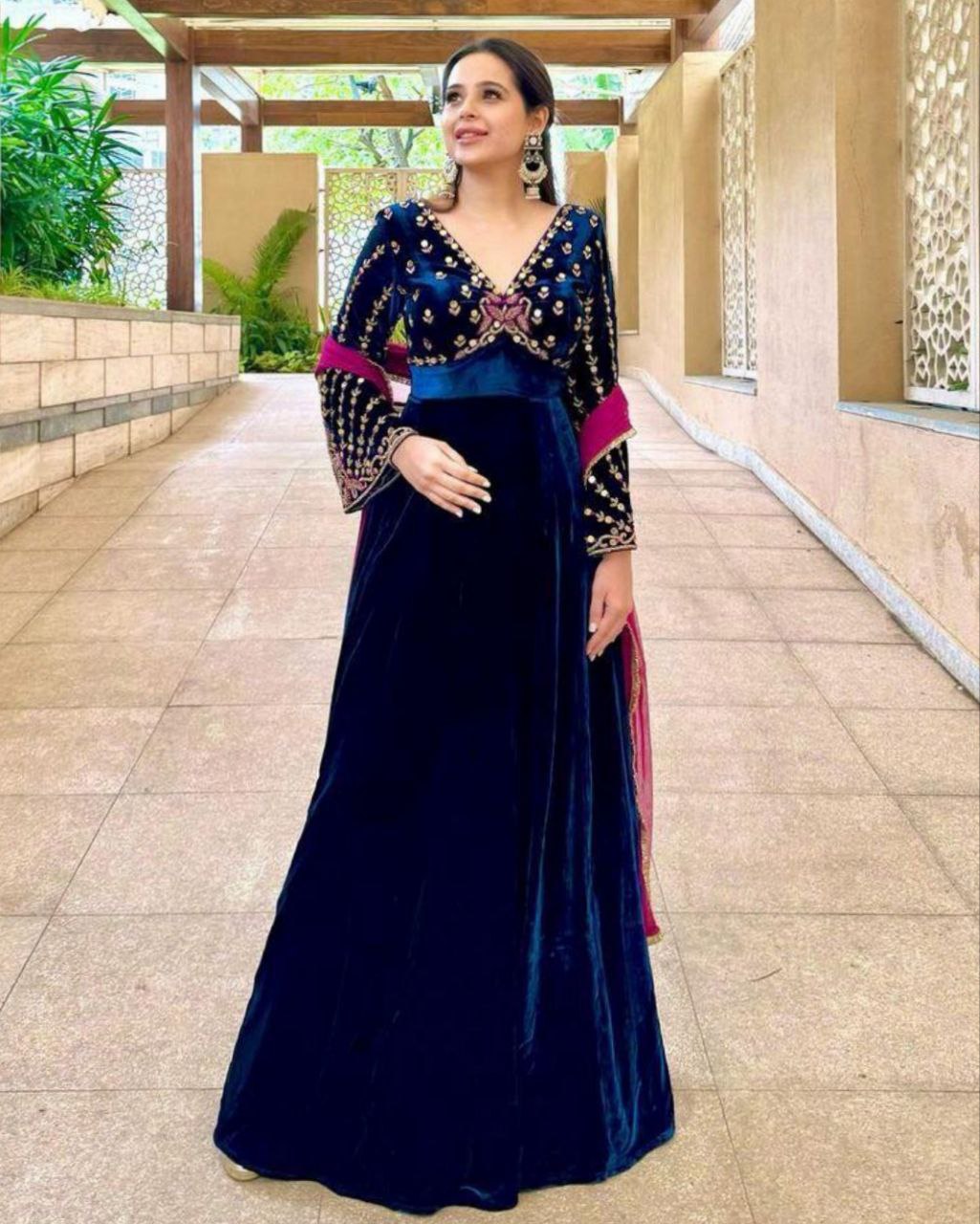 Ready To Wear Blue Malmal Velvet Cording Embroidery Gown With Dupatta