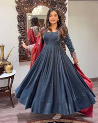 Ready To Wear Grey Micro Velvet Sequnce Work Anarkali Gown With Dupatta