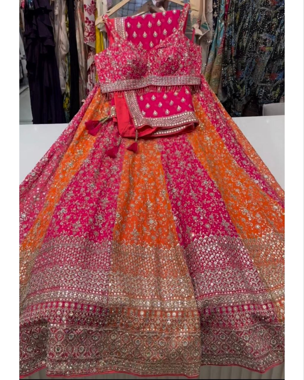 Gorgeous Pink Oreng Fuax Georgette Sequence Work Lahenga Choli With Dupatta