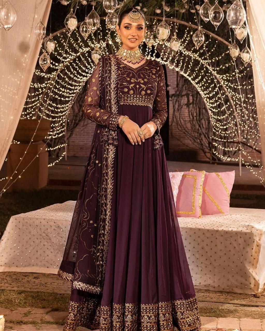 Gorgeou Brown Pure Georgette Embroidery Work Gown With Dupatta