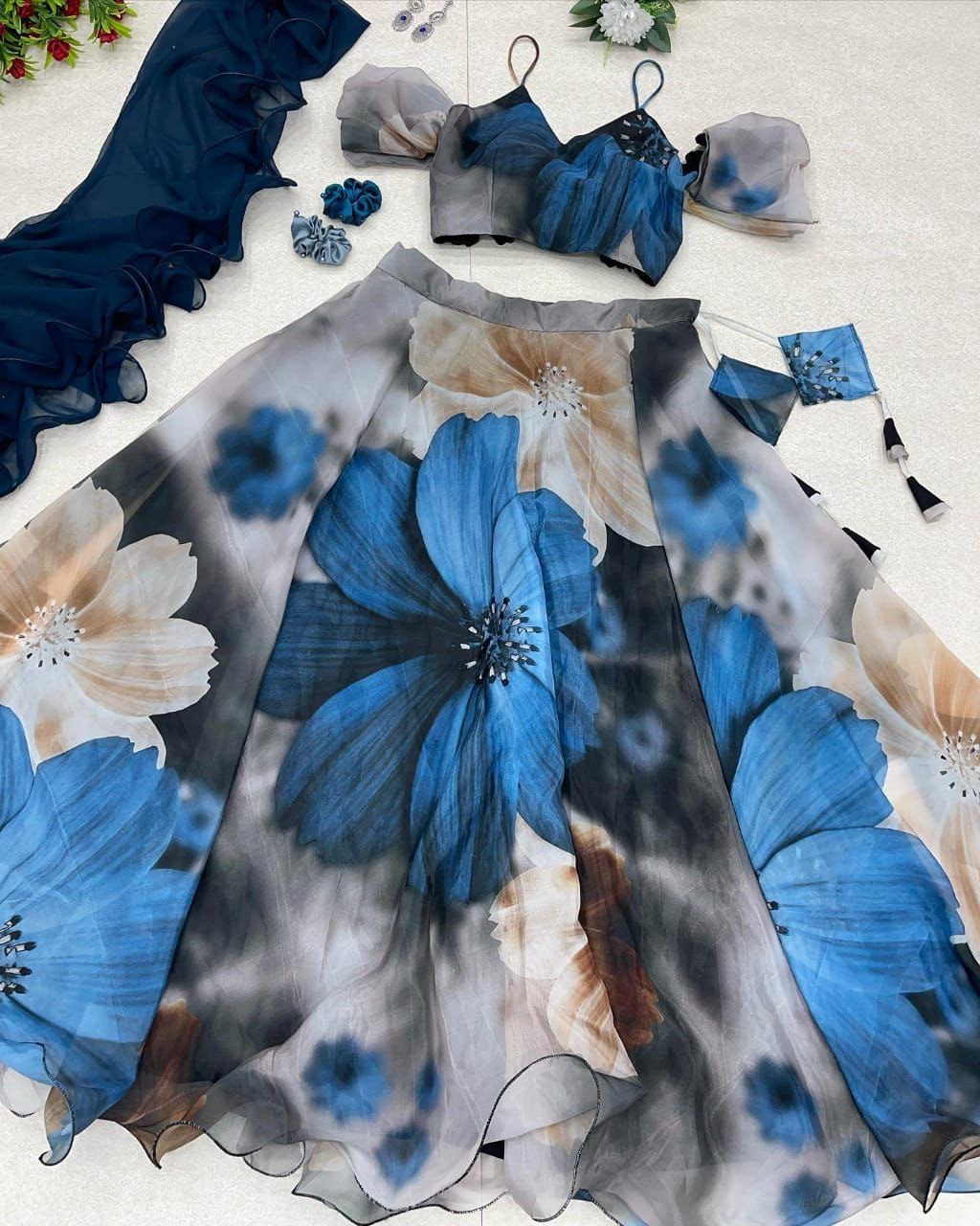 Gorgeous Black & Blue Flower Organza Silk Digital Printed Lhenga Choli With Dupatta