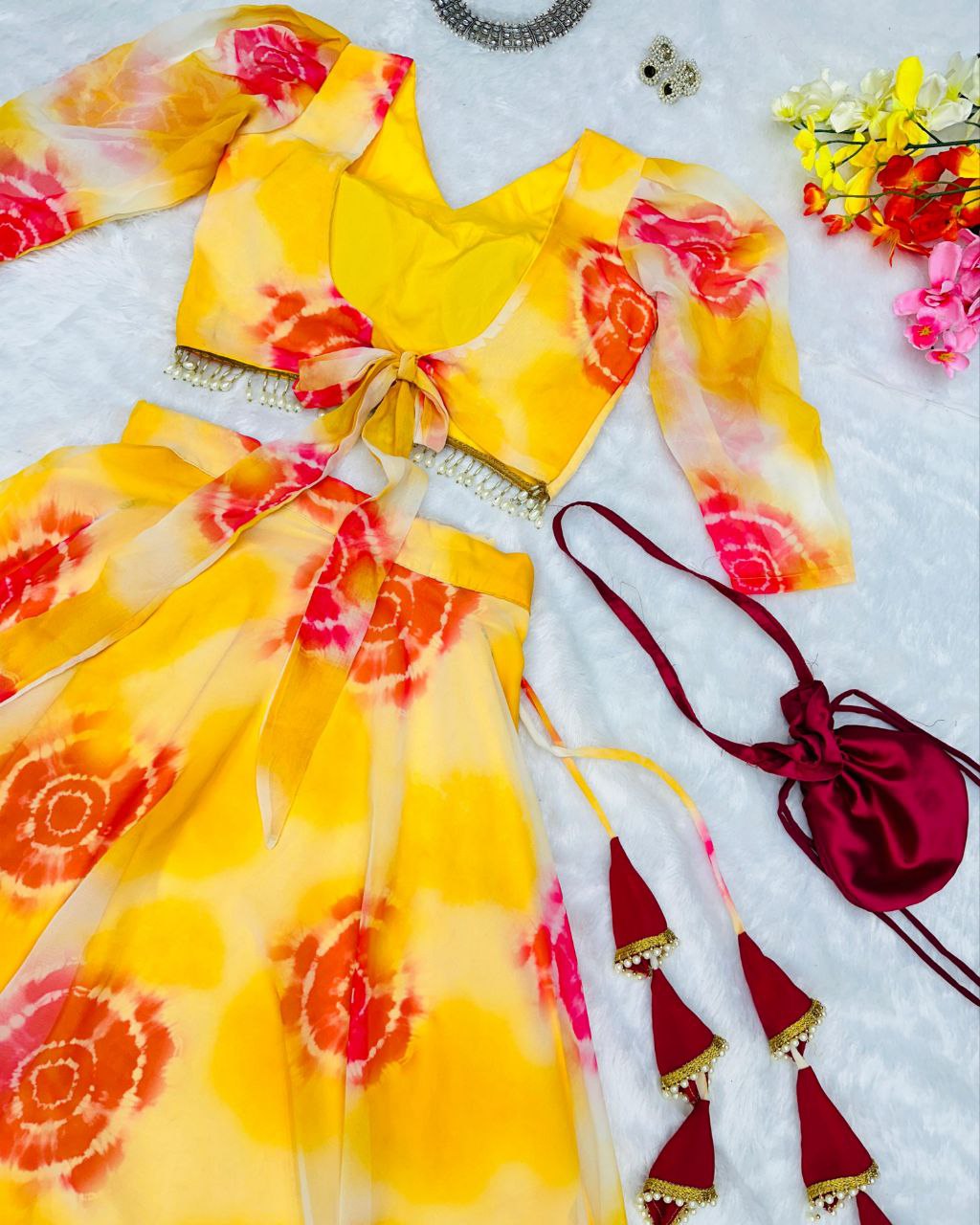 Gorgeous Yellow Organza Silk Digital Printed Lhenga Choli With Dupatta