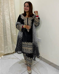 Gorgeou Black Micro Velvet Embroidery Work Pakistani Suit With Dupatta