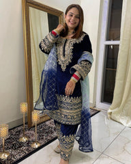 Gorgeou Blue Micro Velvet Embroidery Work Pakistani With Dupatta