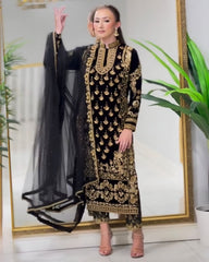 Gorgeou Black Pure Georgette Embroidery Work Pakistani With Dupatta