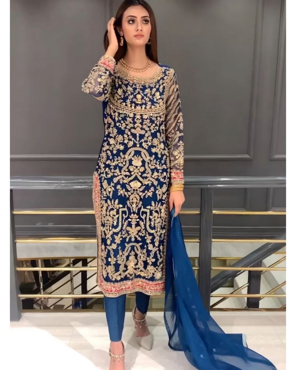 Gorgeou Blue Pure Georgette Embroidery Work Pakistani Suit With Dupatta