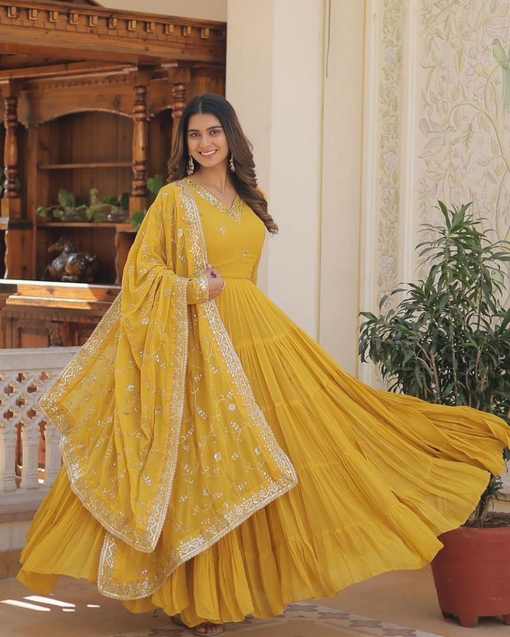 Gorgeou Yellow Pure Georgette Embroidery Work Gwon With Dupatta