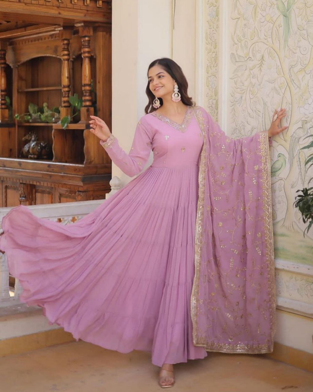 Gorgeou Baby Pink Pure Georgette Embroidery Work Gown With Dupatta